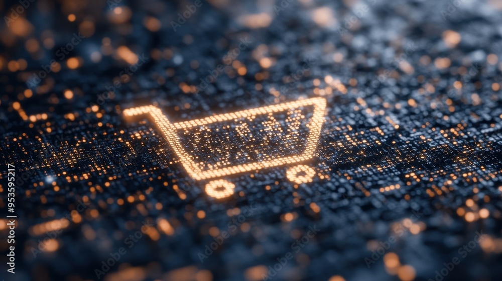 Digital Shopping Cart Icon on Futuristic Data Background - Online Commerce Technology Digital Shopping Cart Icon on Futuristic Data Background - Online Commerce Technology