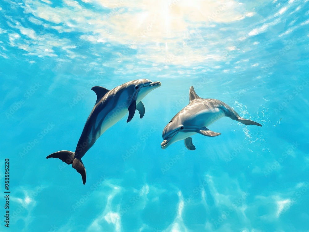 Obraz premium Two playful dolphins swim gracefully in crystal-clear ocean water, showcasing their natural beauty and intelligence.
