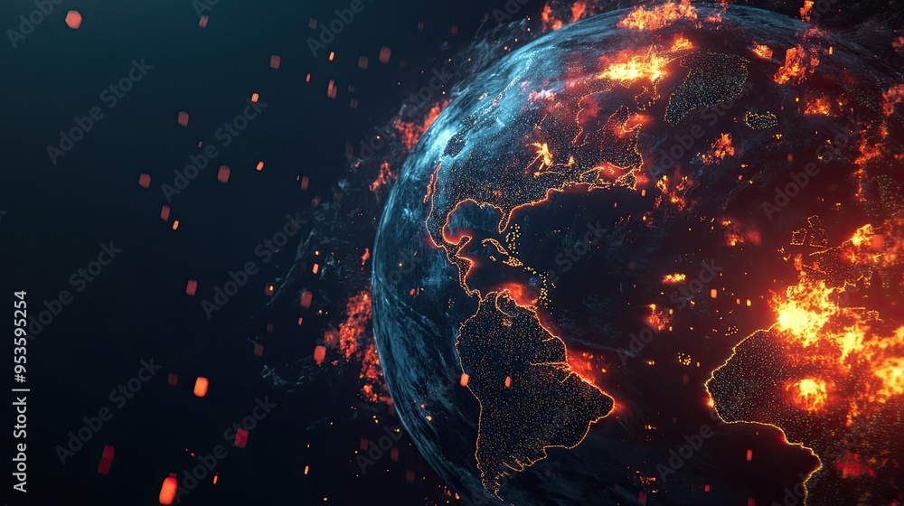 Futuristic Globe on Fire Against Dark Background: Global Crisis, Lack of Resources, and Metaverse Concepts Futuristic Globe on Fire Against Dark Background: Global Crisis, Lack of Resources, and Metaverse Concepts