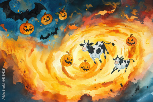 Watercolor tornado with flying cows and scary pumpkins, halloween atmosphere, children's book illustration style, simple design photo