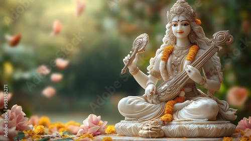 Saraswati Banner Background Depicting Hindu Goddess Of Wisdom Music And Learning Seated On Lotus With Veena In Serene Spiritual Setting