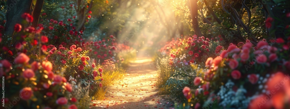 Sunlit path through a rose garden Sunlit path through a rose garden