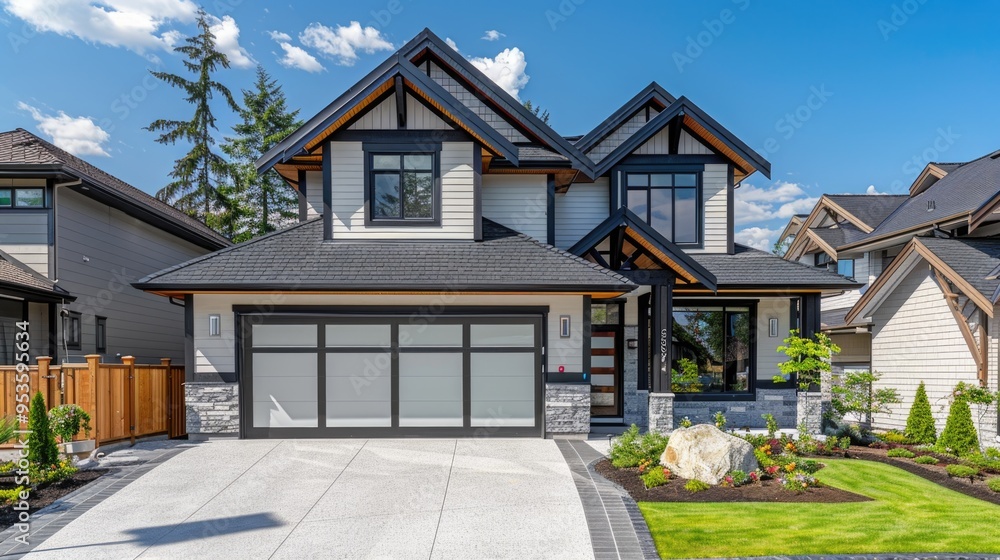 Two-story suburban home with white garage door Two-story suburban home with white garage door