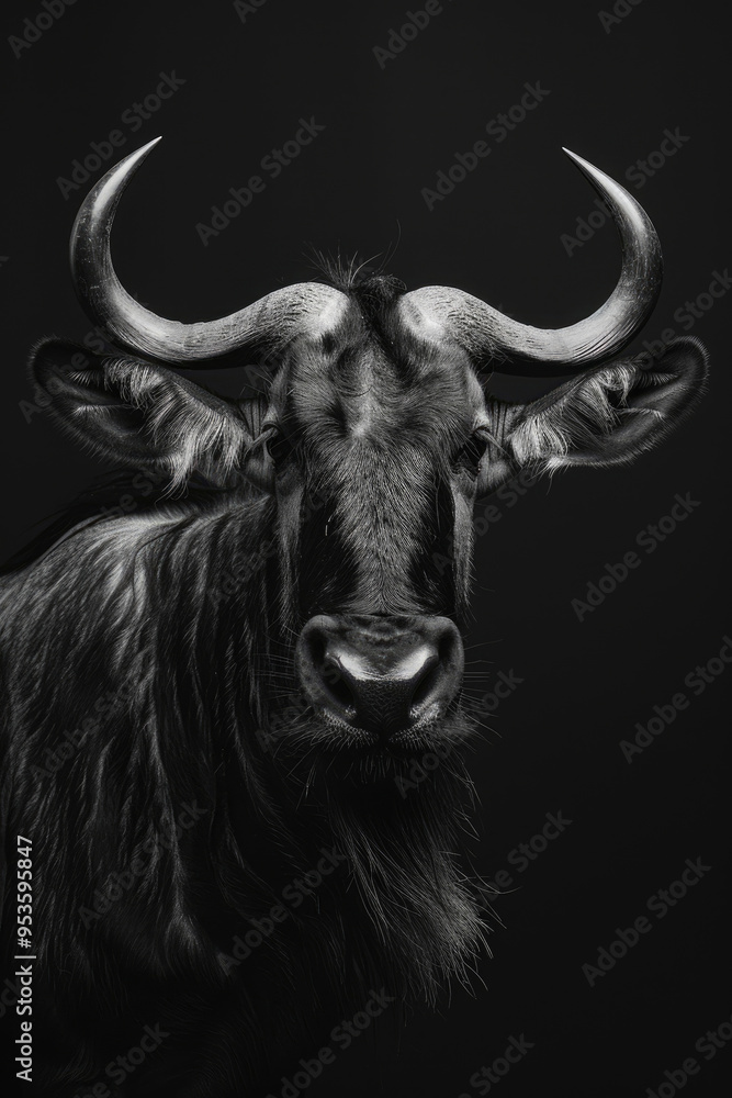 portrait studio photograph of wildebeest black and white portrait studio photograph of wildebeest black and white