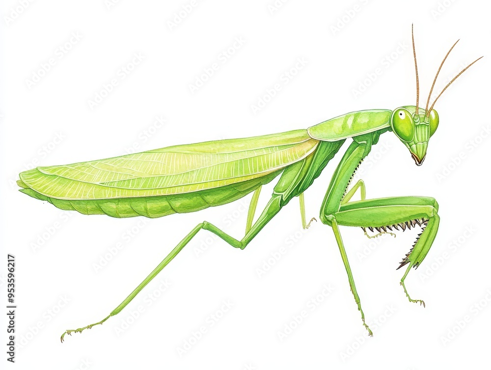Detailed illustration of a vibrant green mantis, showcasing its unique features and striking colors in a natural setting. Detailed illustration of a vibrant green mantis, showcasing its unique features and striking colors in a natural setting.