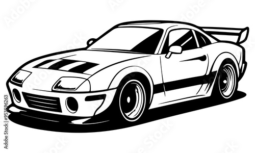 Sports racing Car Front View Silhouette. Black and white vintage classic logotype car. Sports car vector and sports car icon.