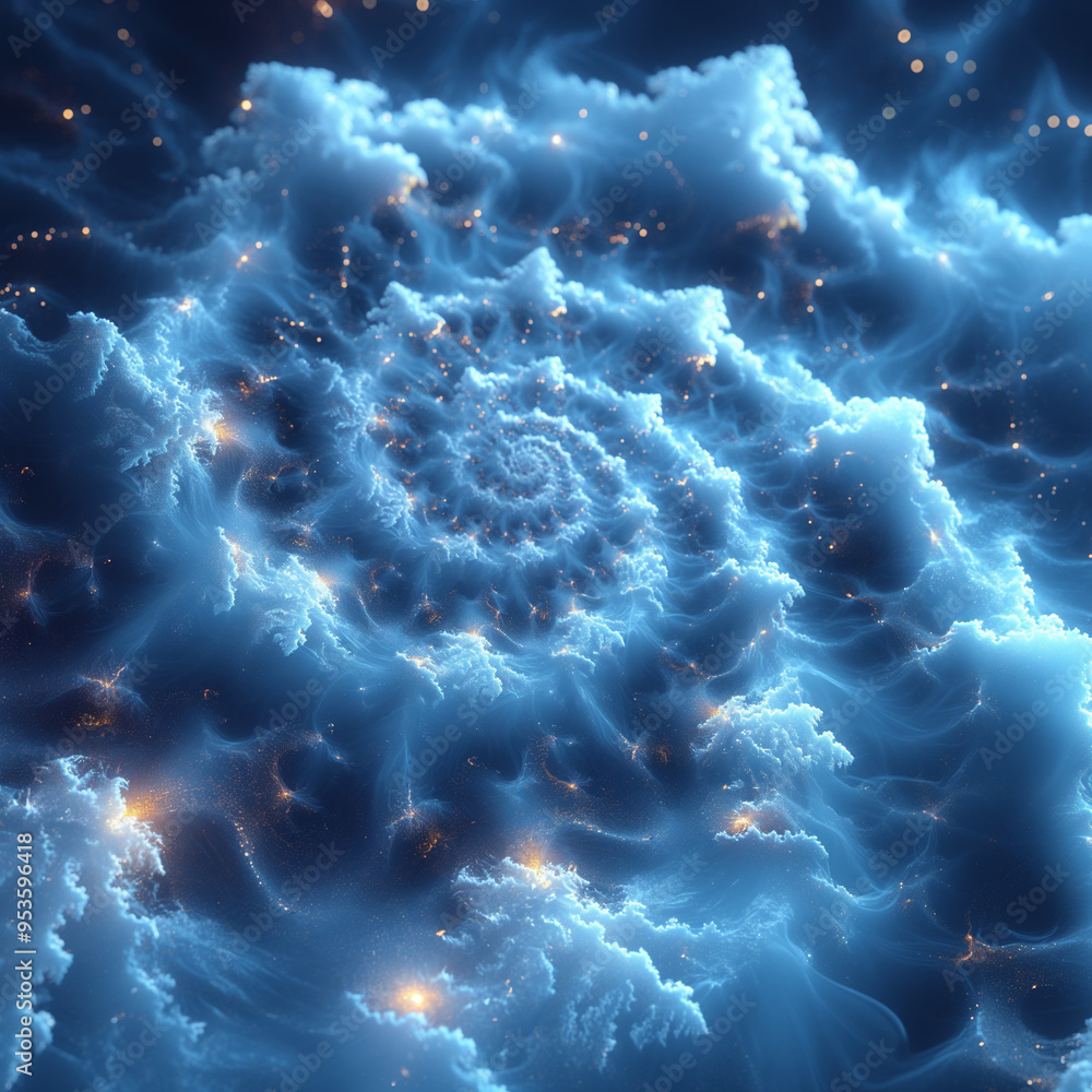 Ethereal Blue Clouds Swirling with Golden Sparks Abstract Fractal Art Ethereal Blue Clouds Swirling with Golden Sparks Abstract Fractal Art