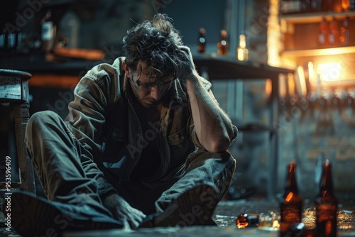 Distressed Man Sitting on Floor in Dimly Lit Room Surrounded by Beer Bottles