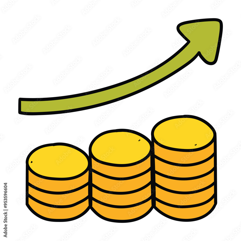 Hand drawn cartoon coins stack and green arrow up on white background. Growth of money and business. Investments, earnings. Hand drawn cartoon coins stack and green arrow up on white background. Growth of money and business. Investments, earnings.