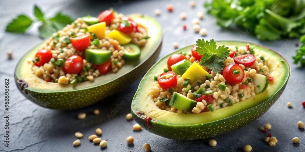 Avocado halves filled with a quinoa salad, brain-boosting lunch, nutrient-packed and delicious. Avocado halves filled with a quinoa salad, brain-boosting lunch, nutrient-packed and delicious.