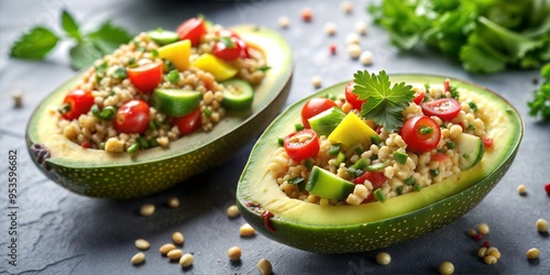 Avocado halves filled with a quinoa salad, brain-boosting lunch, nutrient-packed and delicious. photo