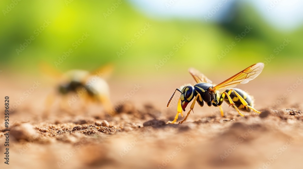Close-up view of a wasp on the ground, showcasing intricate details and vibrant colors, set against a soft blurred background. Close-up view of a wasp on the ground, showcasing intricate details and vibrant colors, set against a soft blurred background.