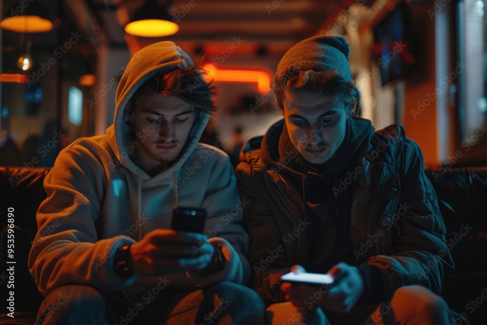 Teenagers Using Smartphones on Urban Street in Winter Clothing, Natural Lighting and Candid Moment Teenagers Using Smartphones on Urban Street in Winter Clothing, Natural Lighting and Candid Moment