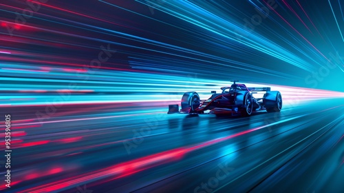 A modern single-seater racing car zooms along a track with dynamic light streaks illustrating high speed and technology
