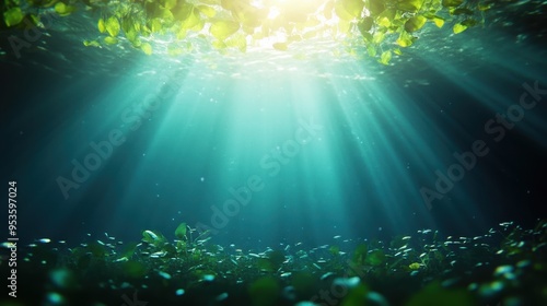 Beneath the serene surface, sunlight filters through water, illuminating vibrant leaves and creating a tranquil underwater scene.