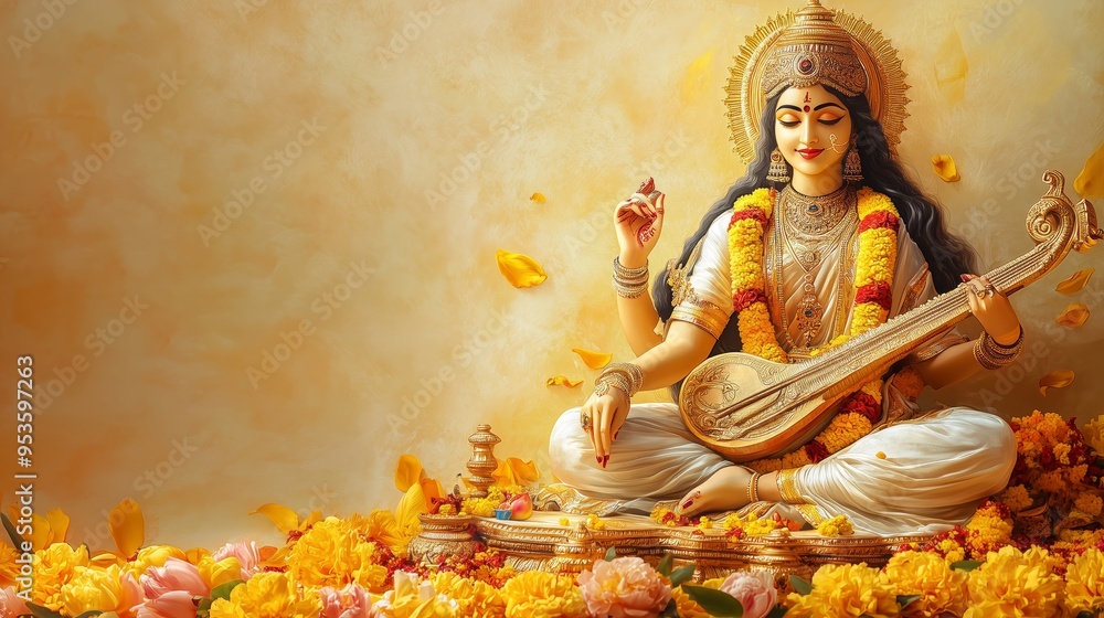 Fototapeta premium Goddess Saraswati Playing Veena Surrounded By Golden Flowers Symbolizing Wisdom Knowledge Music And Spiritual Enlightenment