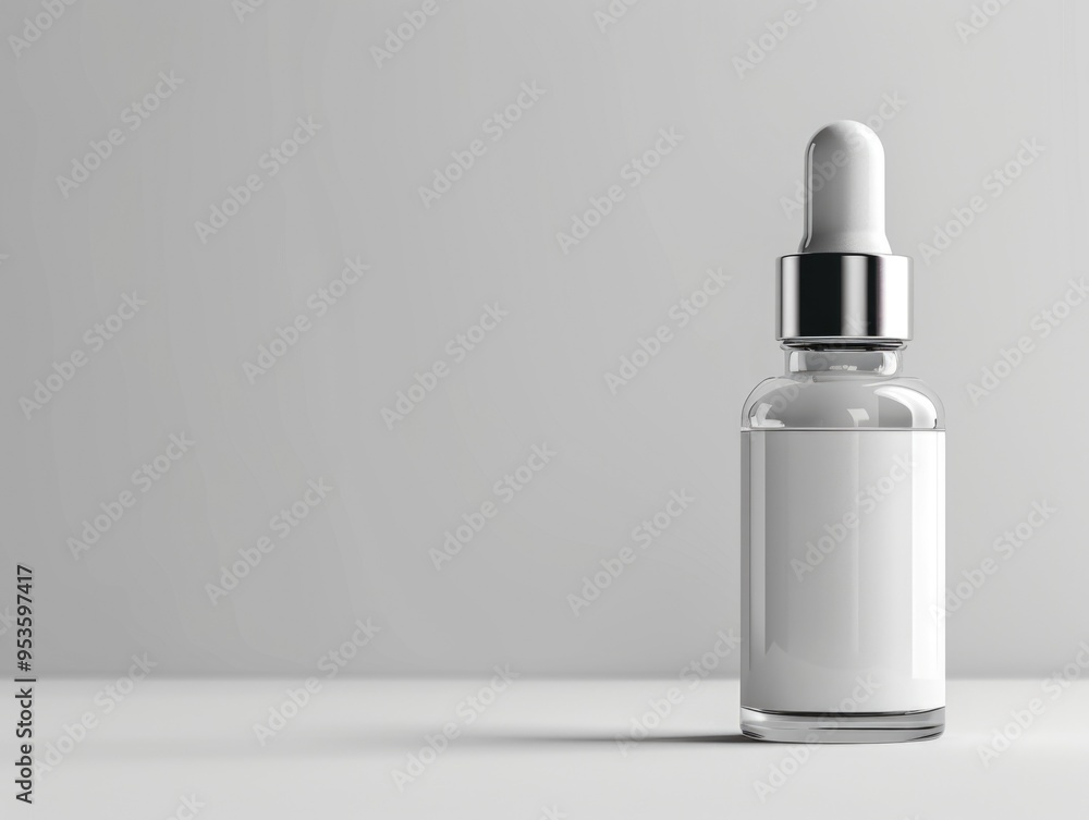 Minimalist Clear Dropper Bottle with Blank Label on Gray Background Minimalist Clear Dropper Bottle with Blank Label on Gray Background