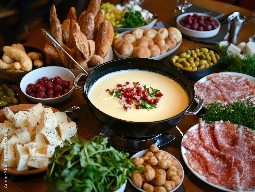 A vibrant spread featuring delicious fondue, fresh herbs, bread, cured meats, and various snacks for a perfect gathering. A vibrant spread featuring delicious fondue, fresh herbs, bread, cured meats, and various snacks for a perfect gathering.