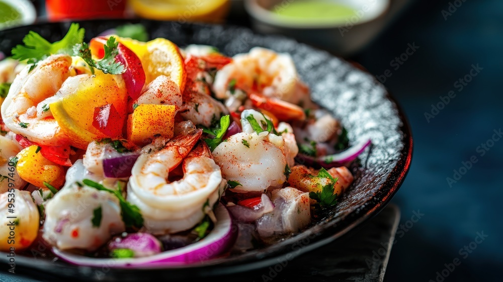 A vibrant shrimp salad featuring fresh seafood, colorful vegetables, and zesty flavors, perfect for a delicious meal. A vibrant shrimp salad featuring fresh seafood, colorful vegetables, and zesty flavors, perfect for a delicious meal.