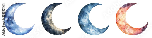 Watercolor crescent moon PNG set
