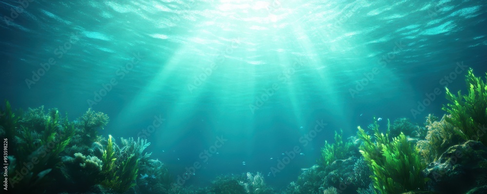 A serene underwater scene showcasing vibrant plants illuminated by soft sunlight rays penetrating the crystal-clear water. A serene underwater scene showcasing vibrant plants illuminated by soft sunlight rays penetrating the crystal-clear water.