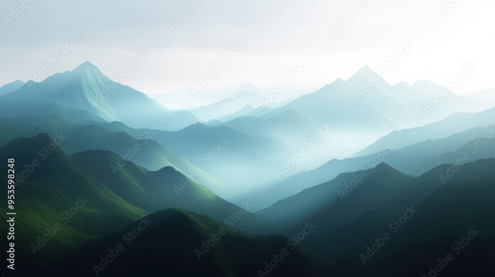 Obraz premium A serene mountain landscape with soft light and mist, evoking tranquility and natural beauty.