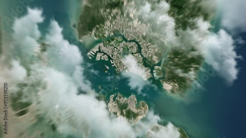 Zooming on Singapore. Earth zoom in from outer space to city. The animation continues by zoom out through clouds and atmosphere into space. View of the Earth at night. Images from NASA. 4K