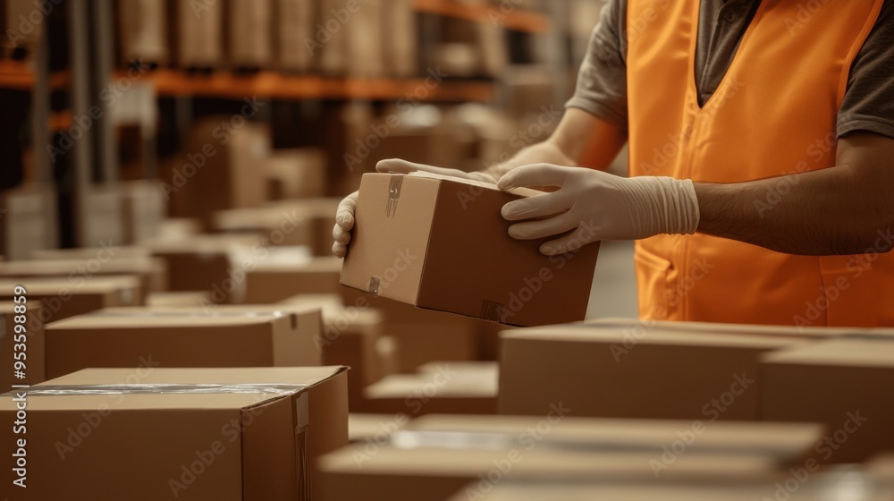 Close-up of gloved hands preparing product boxes in warehouse, quality control concept Close-up of gloved hands preparing product boxes in warehouse, quality control concept