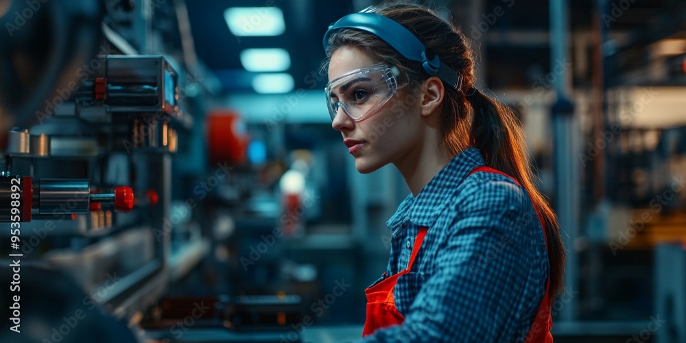 A focused young woman diligently working in a factory, expertly handling industrial equipment, showcasing determination and skill in a manufacturing environment. A focused young woman diligently working in a factory, expertly handling industrial equipment, showcasing determination and skill in a manufacturing environment.