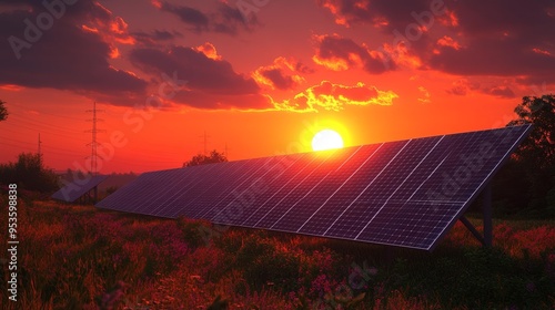 Solar Panels at Sunset with Vibrant Sky Generative AI photo