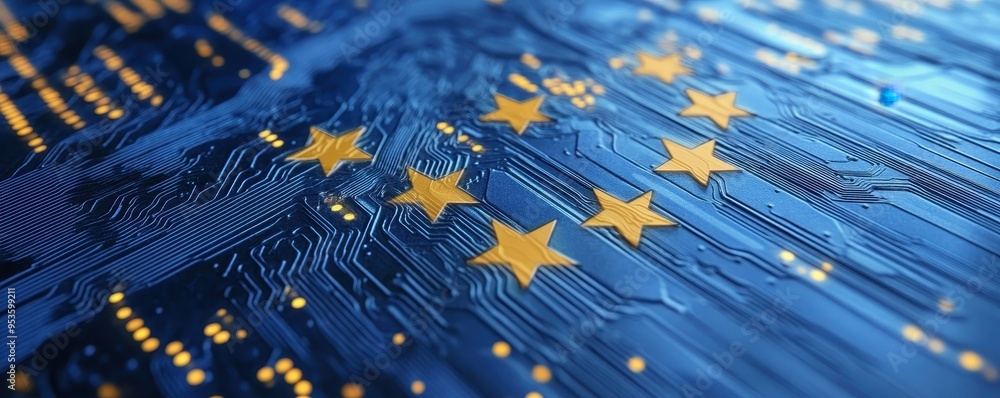 A close-up view of a digital circuit board featuring the iconic stars of the European Union on a vibrant blue background. A close-up view of a digital circuit board featuring the iconic stars of the European Union on a vibrant blue background.