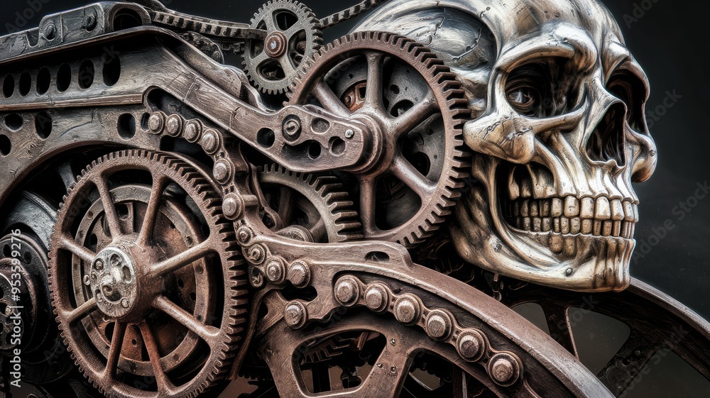 Fototapeta premium Intricate Steampunk Art with Metallic Human Skull, Gears, Cogs, Chains, and Rusty Industrial Machinery Elements Depicting a Fusion of Life and Mechanical Engineering