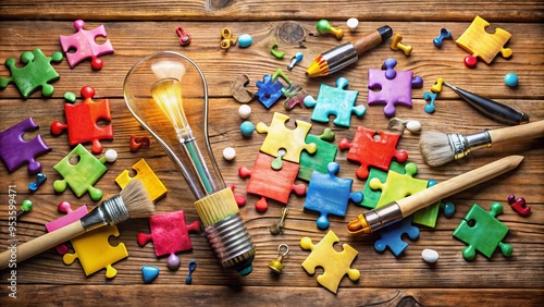 A colorful jigsaw puzzle piece with paintbrushes, musical notes, and lightbulbs, symbolizing creativity and innovation, photo