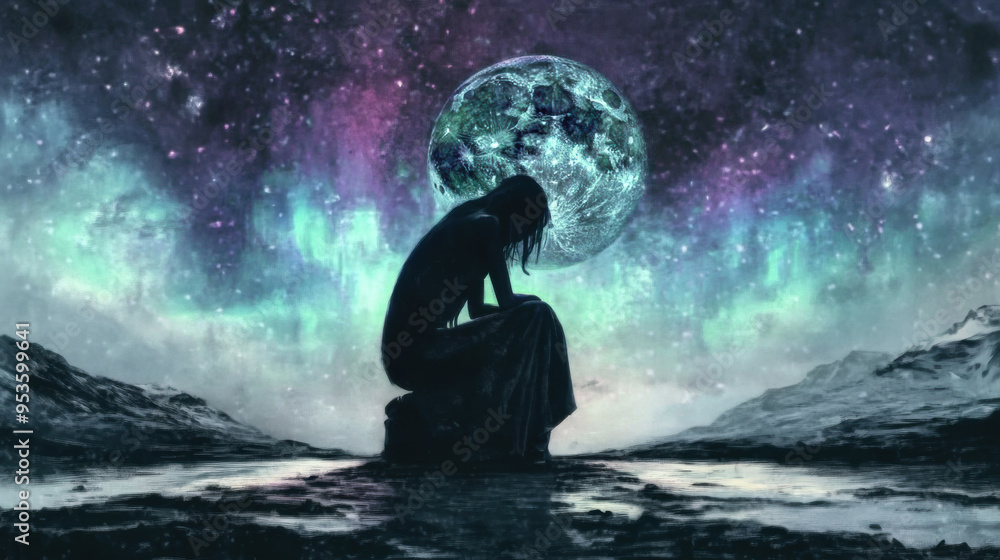 Obraz premium A silhouette of woman kneeling by reflective surface under vibrant night sky filled with auroras and large moon, evoking sense of contemplation and wonder.
