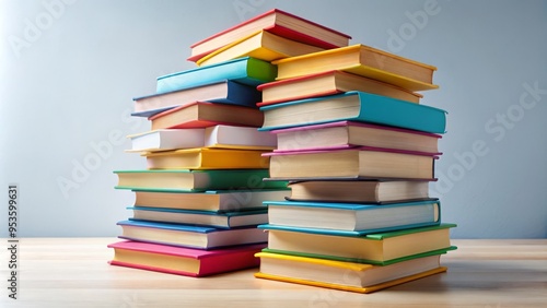 A colorful, organized stack of various-sized books with subtle shadows, minimalist design, and clean lines, conveying