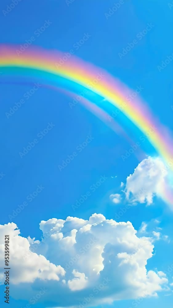 A vibrant rainbow arcs across a clear blue sky with fluffy white clouds. A vibrant rainbow arcs across a clear blue sky with fluffy white clouds.