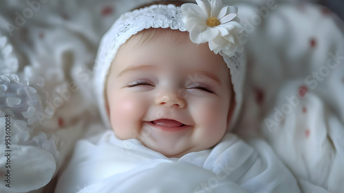 A baby girl with a flower h...