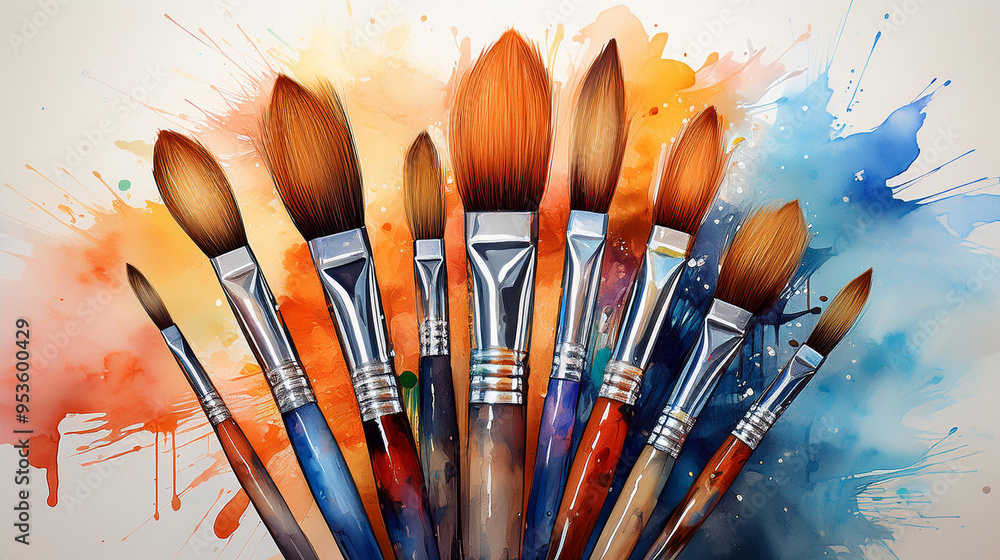Fototapeta premium brushes and paints, bunch of paint brushes with watercolor stains on the backgrounds