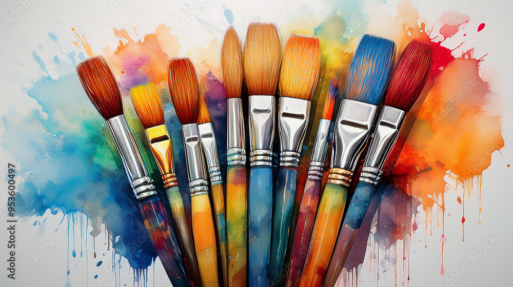 Fototapeta premium bunch of paint brushes with watercolor stains on the backgrounds