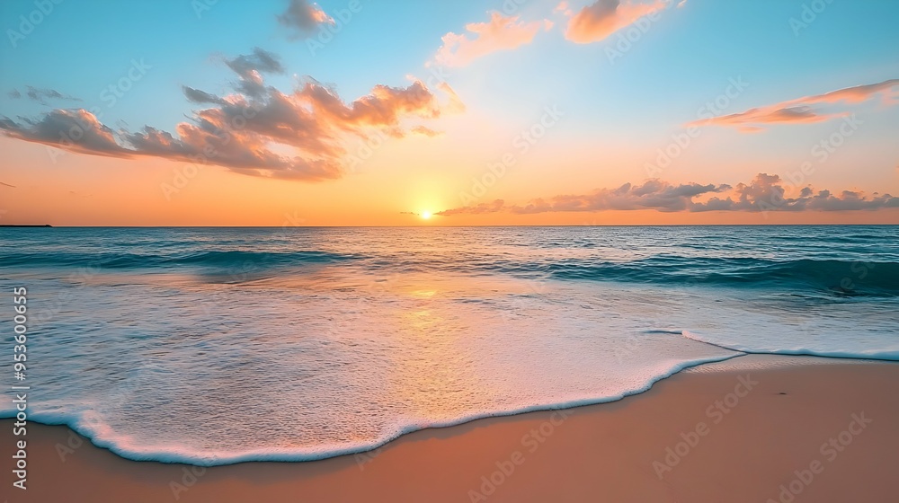 A beautiful sunset over a calm ocean with waves gently lapping onto the sandy shore. A beautiful sunset over a calm ocean with waves gently lapping onto the sandy shore.