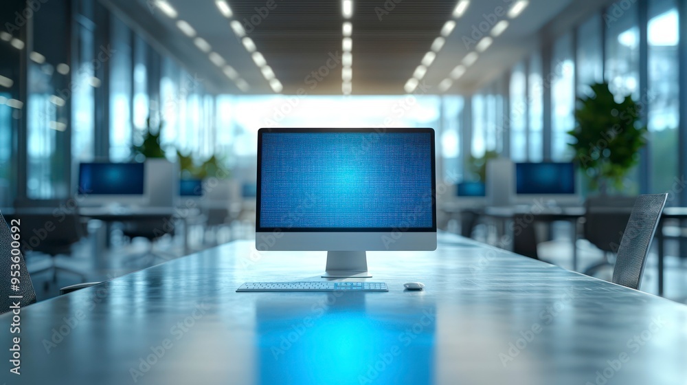 Naklejka premium Modern office interior with empty desks and large computer monitors