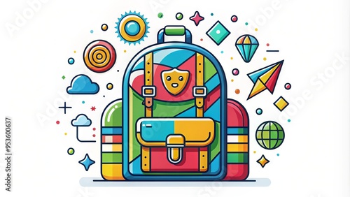 A colorful, stylized illustration of a backpack with bold lines and vibrant colors, featuring various icons and photo