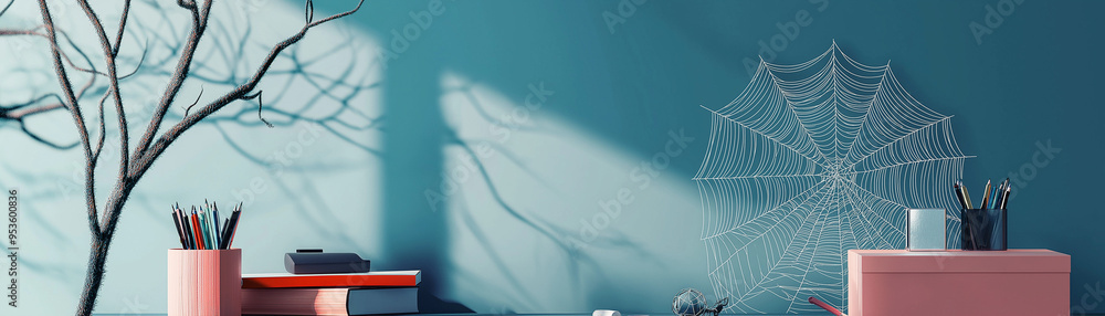 Desk organizer designed to look like a spider web, with stationery items caught in the web Desk organizer designed to look like a spider web, with stationery items caught in the web