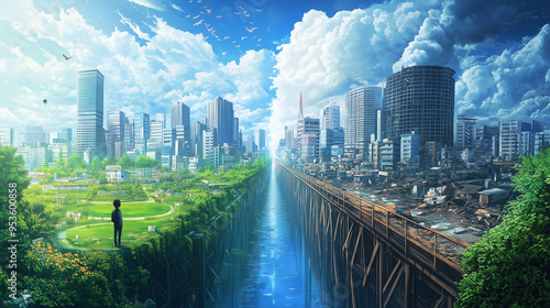 A cityscape divided into two contrasting halves one side shows a clean, orderly environment with green parks, and bright skies, while the other side is engulfed in pollution.png