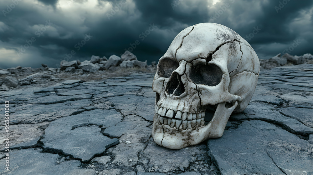 © 성환 이 - A realistic human skull with a broken jaw, set on a cracked, weathered stone surface © 성환 이 - A realistic human skull with a broken jaw, set on a cracked, weathered stone surface