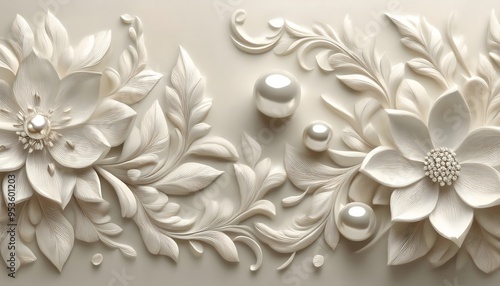 A beautiful fantasy vintage flower wallpaper with white color variation made from a 3d model of flowers and leaves.