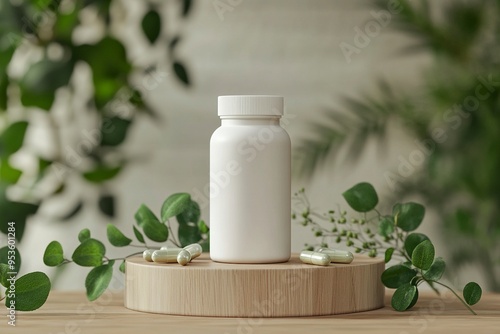 Mockup white vitamin bottle with leaves shadows top view, plant pills. Natural bio supplement, herbal vitamins. Generative Ai