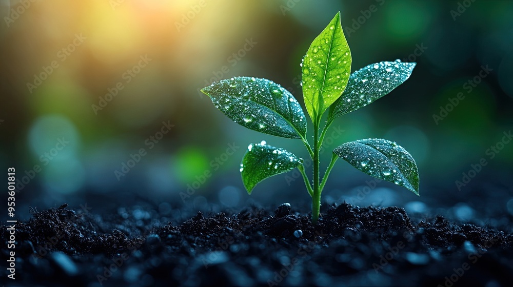 Growing Plant with Blurry Blue Background, Representing New Beginnings Growing Plant with Blurry Blue Background, Representing New Beginnings