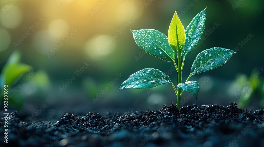 Growing Plant with Blurry Blue Background, Representing New Beginnings Growing Plant with Blurry Blue Background, Representing New Beginnings