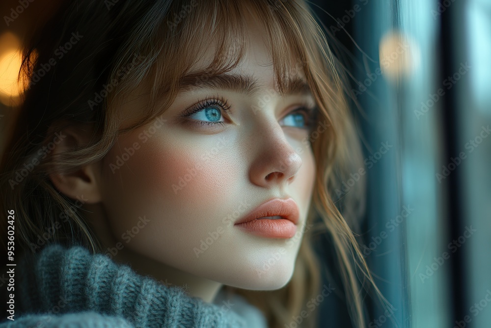 Woman with a Lonely Expression Staring Out the Window Woman with a Lonely Expression Staring Out the Window